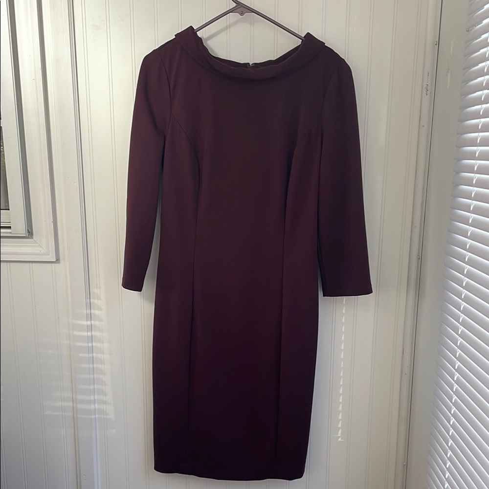 Talbots Ponte Knit 3/4 Sleeves Plum Burgundy Dress Cowl Neck Midi Stretch Size 8 - Picture 2 of 16